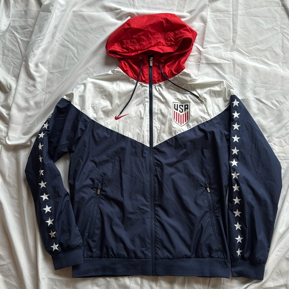 Nike USA Zip Front Windbreaker Jacket w/ Hood red white and blue Men’s Sz large